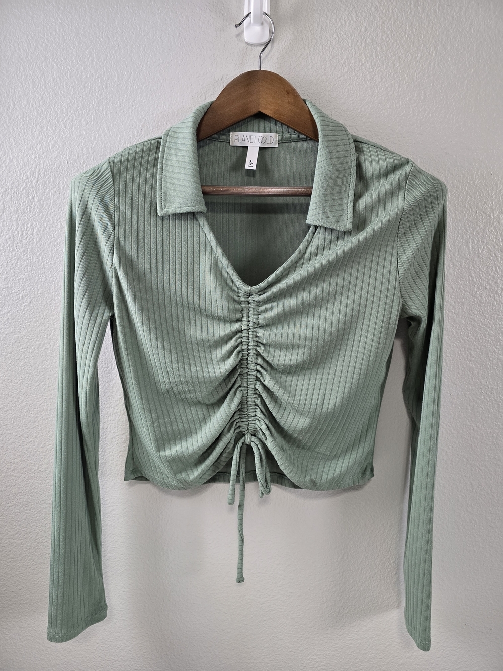 Planet Gold Sage Green Ribbed Ruched Long Sleeve Top